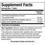 Supplement facts label for a tablet with detailed ingredient information.