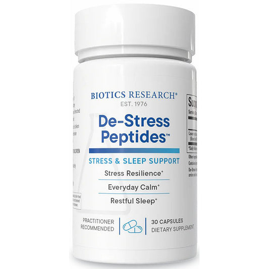 Biotics Research De-Stress Peptides supplement bottle on a white background