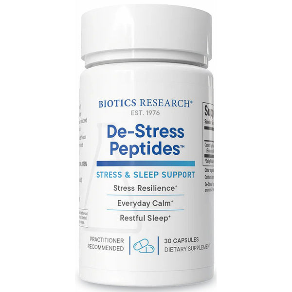 Biotics Research De-Stress Peptides supplement bottle on a white background