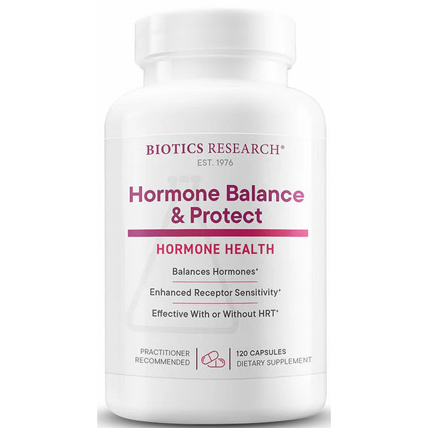 Supplement bottle labeled 'Hormone Balance & Protect' by Biotics Research on a white background