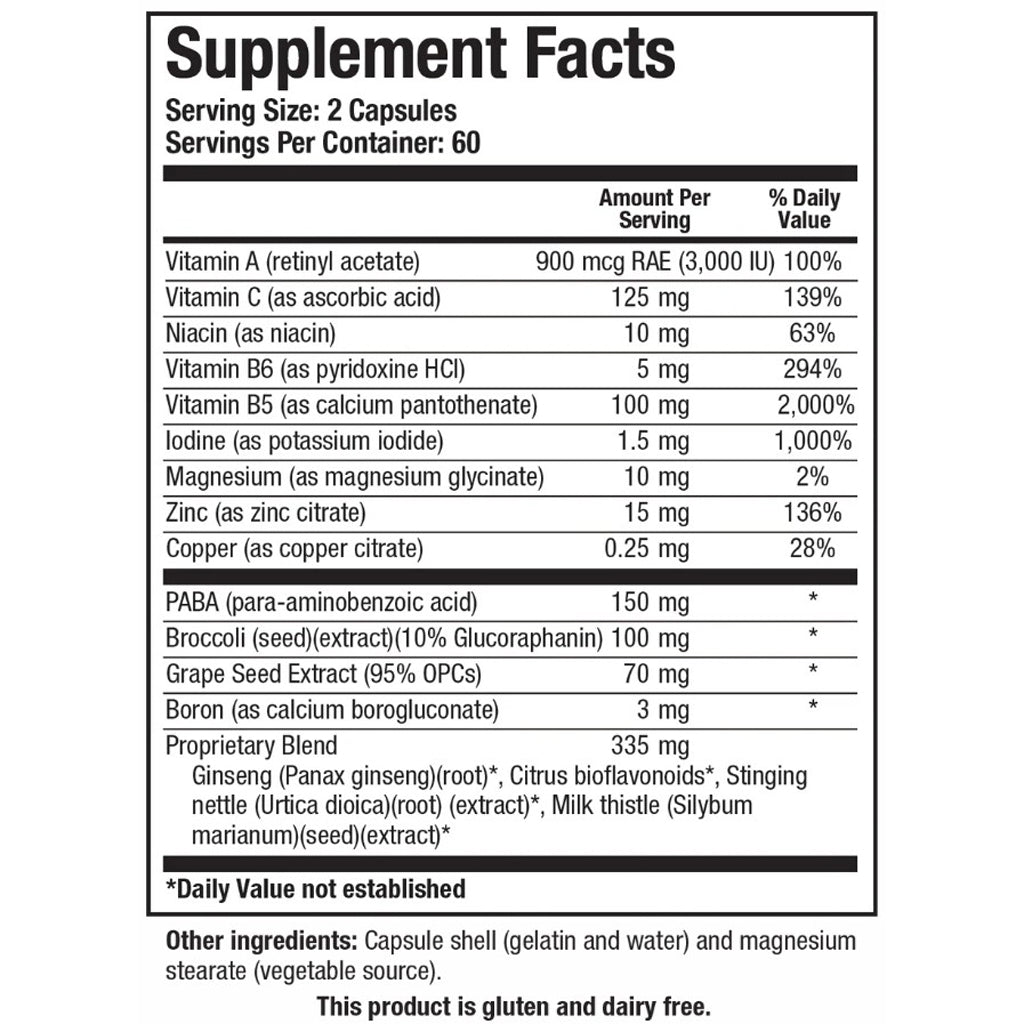 Supplement facts label with detailed nutritional information on a white background