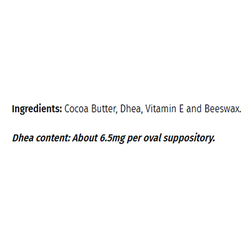 A text-only white background with black and blue text listing ingredients: Cocoa Butter, Dhea, Vitamin E and Beeswax, plus Dhea content information.