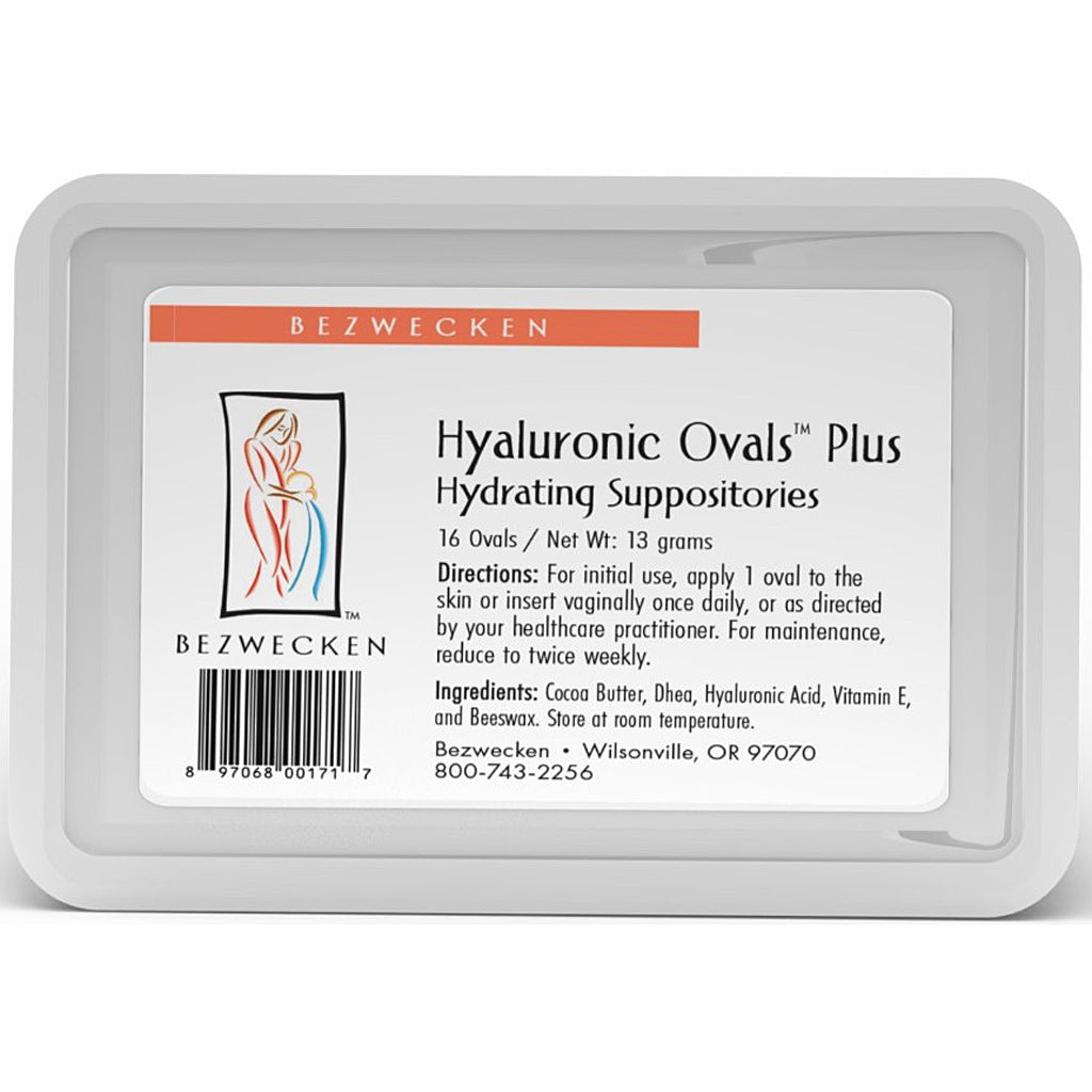 A white plastic clamshell package of Bezwecken Hyaluronic Ovals Plus Hydrating Supositories, containing 16 ovals, with a white label featuring black text and an orange brand banner.