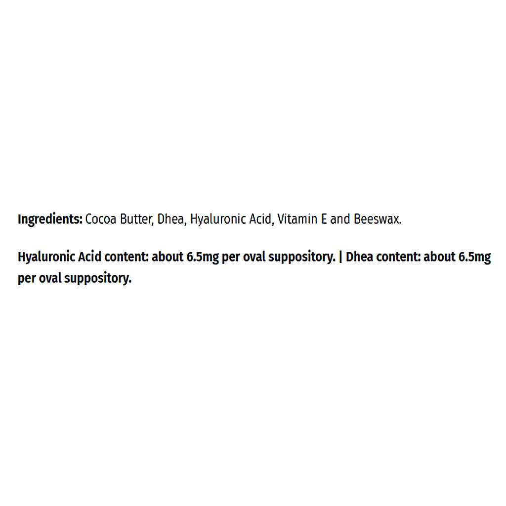 Text on a white background listing ingredients for an oval suppository: cocoa butter, Dhea, hyaluronic acid, vitamin E, and beeswax, with hyaluronic acid content about 6.5mg per oval suppository and Dhea content about 6.