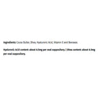 Text on a white background listing ingredients for an oval suppository: cocoa butter, Dhea, hyaluronic acid, vitamin E, and beeswax, with hyaluronic acid content about 6.5mg per oval suppository and Dhea content about 6.