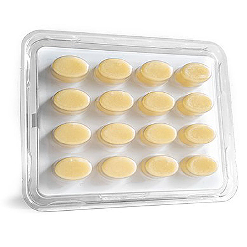 Clear plastic container with round yellow objects inside on a white background