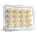 Clear plastic container with round yellow objects inside on a white background
