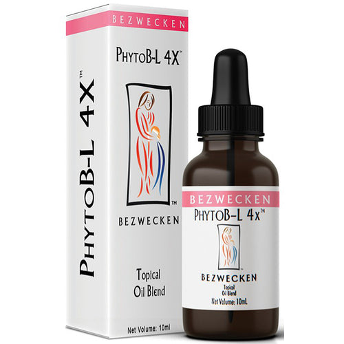 A 10ml amber glass dropper bottle of PhytoB-L 4X topical oil blend next to its white packaging box with pink accents, on a white background.