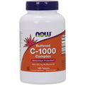 A bottle of Now Foods C-1000 Complex Buffered Vitamin C supplement with 180 tablets. The label indicates it contains buffered vitamin C with bioflavonoids, and is an antioxidant.