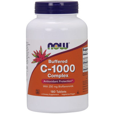 A bottle of Now Foods C-1000 Complex Buffered Vitamin C supplement with 180 tablets. The label indicates it contains buffered vitamin C with bioflavonoids, and is an antioxidant.
