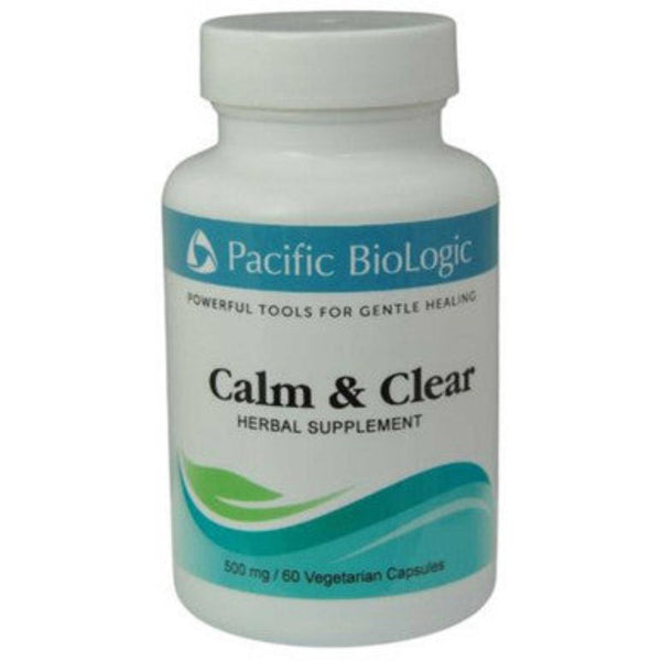 A bottle of Pacific Biologic Calm & Clear herbal supplement with 60 capsules.