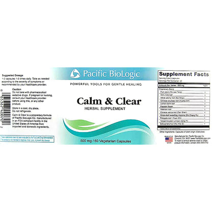 Label of Pacific Biologic Calm & Clear herbal supplement on a white background