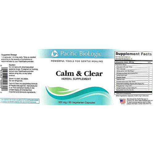 Label of Pacific Biologic Calm & Clear herbal supplement on a white background