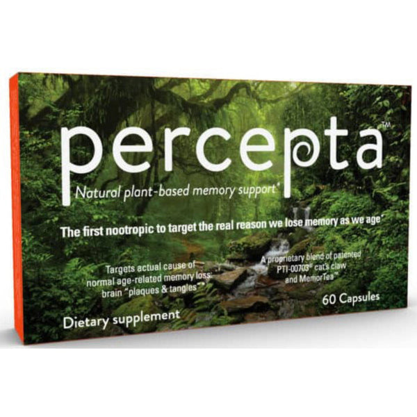 Percepta supplement label highlighting patented Cat’s Claw and Oolong Tea extract, formulated to support brain health and memory