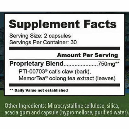 Supplement facts label with proprietary blend and ingredients listed