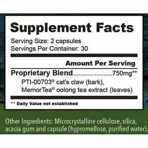 Supplement facts label with proprietary blend and ingredients listed