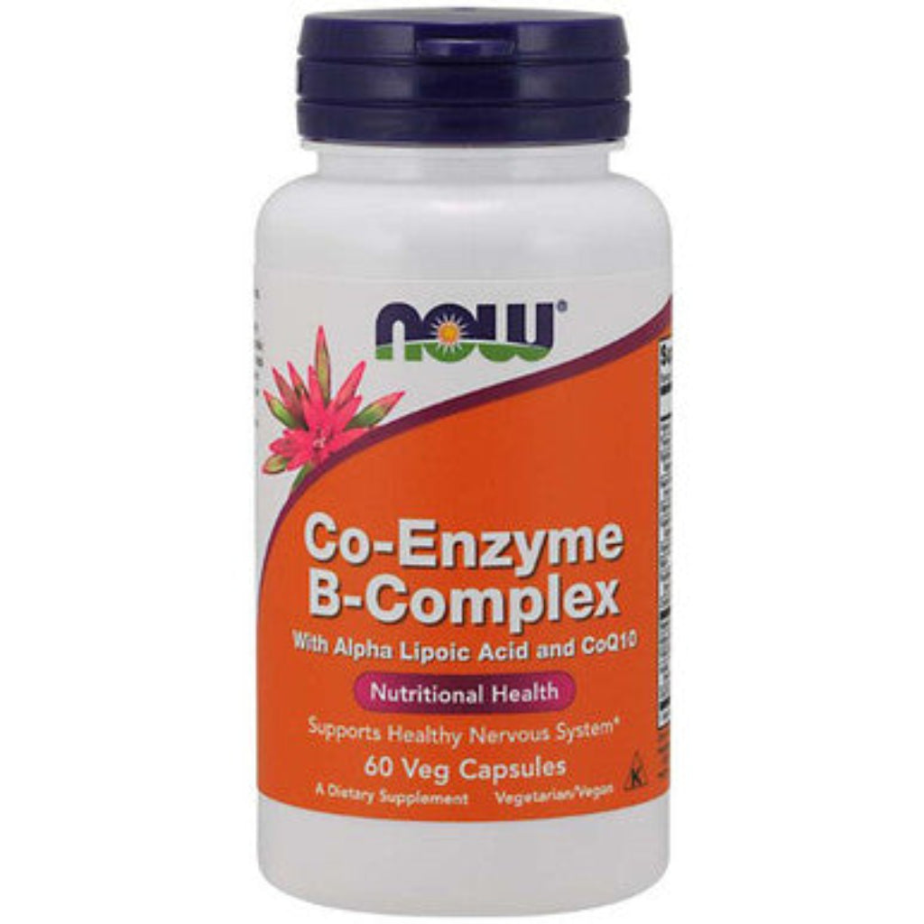 A bottle of Now Foods Co-Enzyme B-Complex with Alpha Lipoic Acid and CoQ10, supporting nutritional health. The bottle is white with an orange and purple label, and it contains 60 vegan capsules.