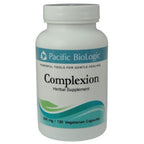 A bottle of Pacific Biologic Complexion herbal supplement with 120 vegetarian capsules for gentle healing.