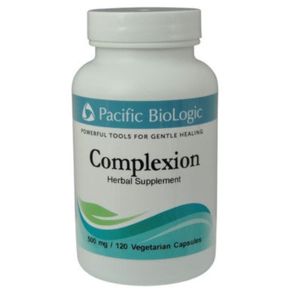 A bottle of Pacific Biologic Complexion herbal supplement with 120 vegetarian capsules for gentle healing.