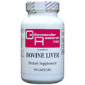 A white plastic bottle of Cardiovascular Research Ltd. Bovine Liver dietary supplement, containing 90 capsules, on a plain white background.
