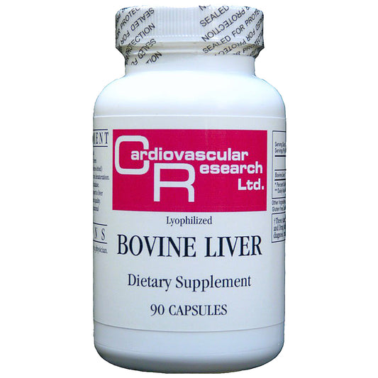 A white plastic bottle of Cardiovascular Research Ltd. Bovine Liver dietary supplement, containing 90 capsules, on a plain white background.