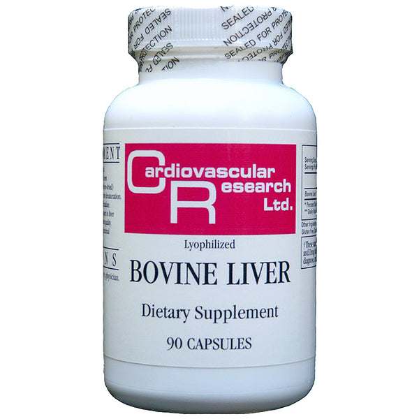 A white plastic bottle of Cardiovascular Research Ltd. Bovine Liver dietary supplement, containing 90 capsules, on a plain white background.