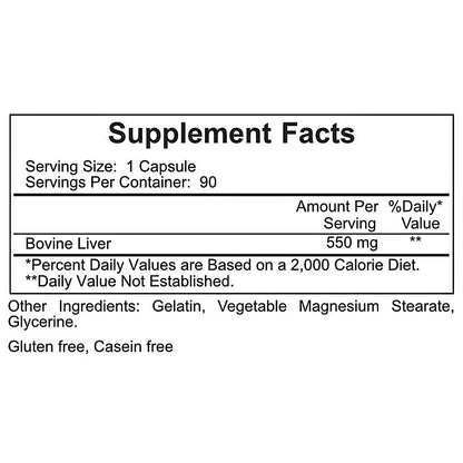 A Supplement Facts label showing Bovine Liver as 550 mg, with serving size 1 capsule, 90 servings per container, and other ingredients listed below on a white background.