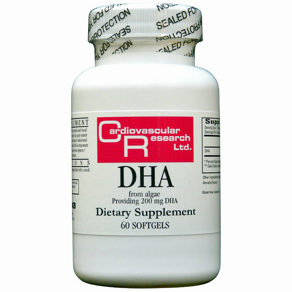 A white plastic bottle of Cardiovascular Research Ltd. DHA dietary supplement, featuring a white cap with a sealed product seal and a red and black label.