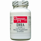 A white plastic bottle of Cardiovascular Research Ltd. DHA dietary supplement, featuring a white cap with a sealed product seal and a red and black label.