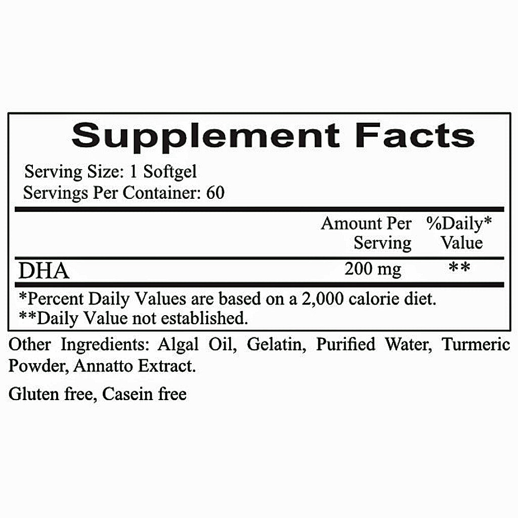 A Supplement Facts label for a DHA supplement, showing serving size 1 softgel, 60 servings per container, 200 mg DHA, with other ingredients listed below on a white background.