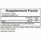 A Supplement Facts label for a DHA supplement, showing serving size 1 softgel, 60 servings per container, 200 mg DHA, with other ingredients listed below on a white background.