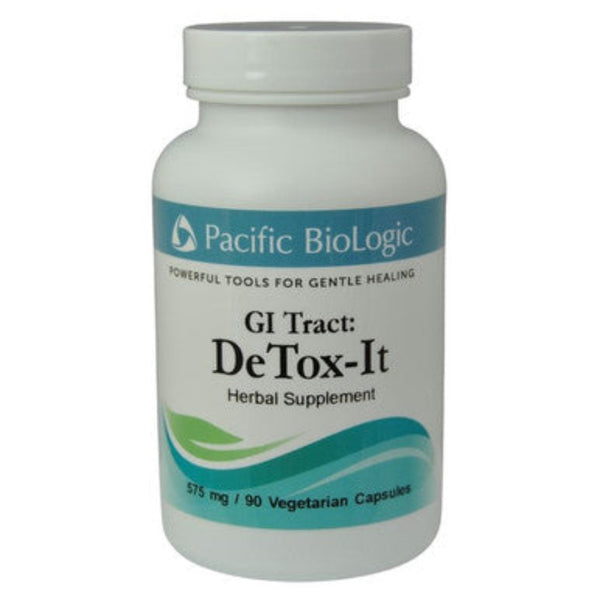 Supplement bottle labeled 'GI Tract: DeTox-It' by Pacific Biologic on a white background