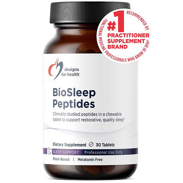 Supplement bottle labeled 'BioSleep Peptides' by Designs for Health on a white background