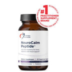 Supplement bottle labeled 'NeuroCalm Peptide' with branding and certification badge on a white background