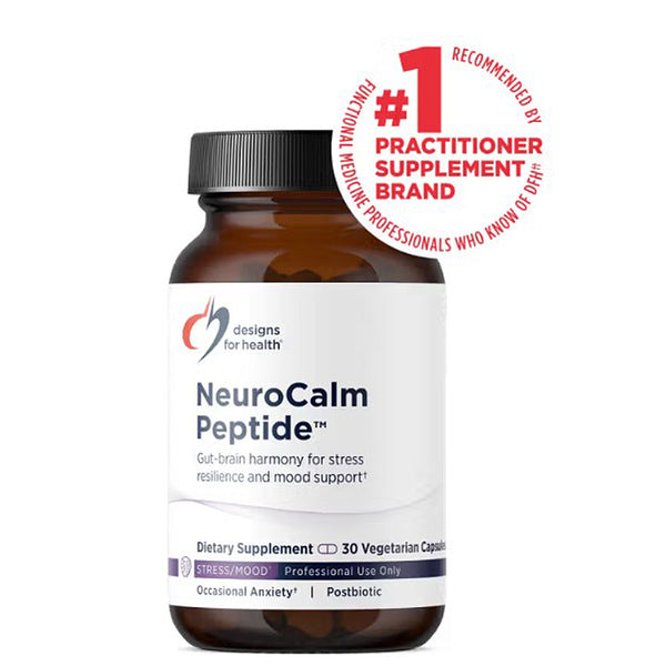 Supplement bottle labeled 'NeuroCalm Peptide' with branding and certification badge on a white background