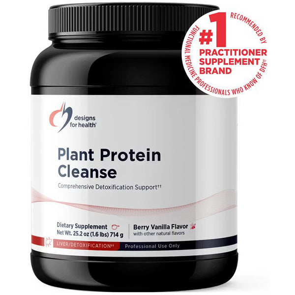 Plant Protein Cleanse supplement container with 'Designs for Health' branding on a white background