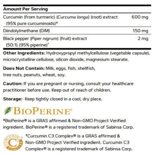 Nutritional label for a supplement containing Curcumin, Dindolylmethane, and Black Pepper with BioPerine branding.