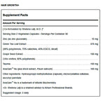A supplement facts label for Hair Growth+ capsules, listing ingredients such as Zinc, Green Tea Leaf Extract, Grape Seed Extract, Taurine, and AnaGain® Nu with serving size and dosage details.