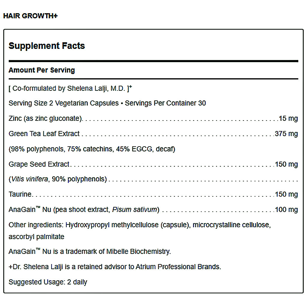 A supplement facts label for Hair Growth+ capsules, listing ingredients such as Zinc, Green Tea Leaf Extract, Grape Seed Extract, Taurine, and AnaGain® Nu with serving size and dosage details.