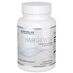 A white plastic bottle of Douglas Laboratories Hair Growth+ dietary supplement with a white cap, shown on a plain white background.