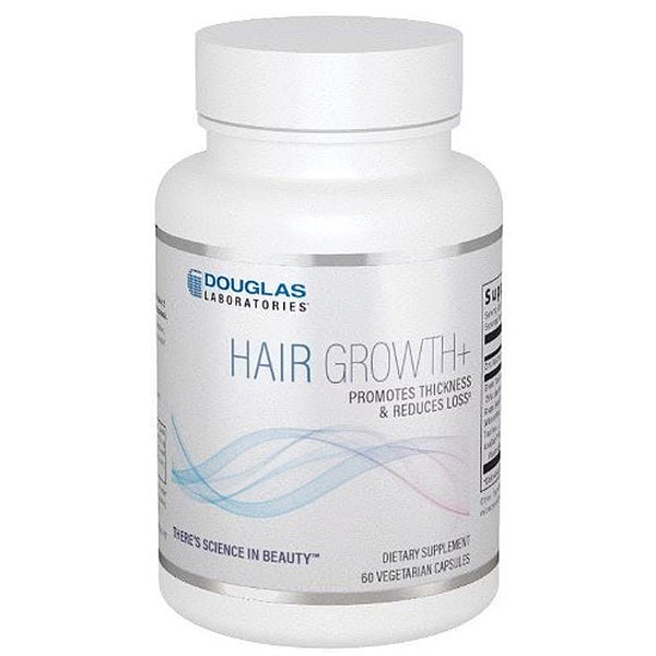 A white plastic bottle of Douglas Laboratories Hair Growth+ dietary supplement with a white cap, shown on a plain white background.