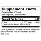 Supplement facts label for a tablet with folate content on a white background