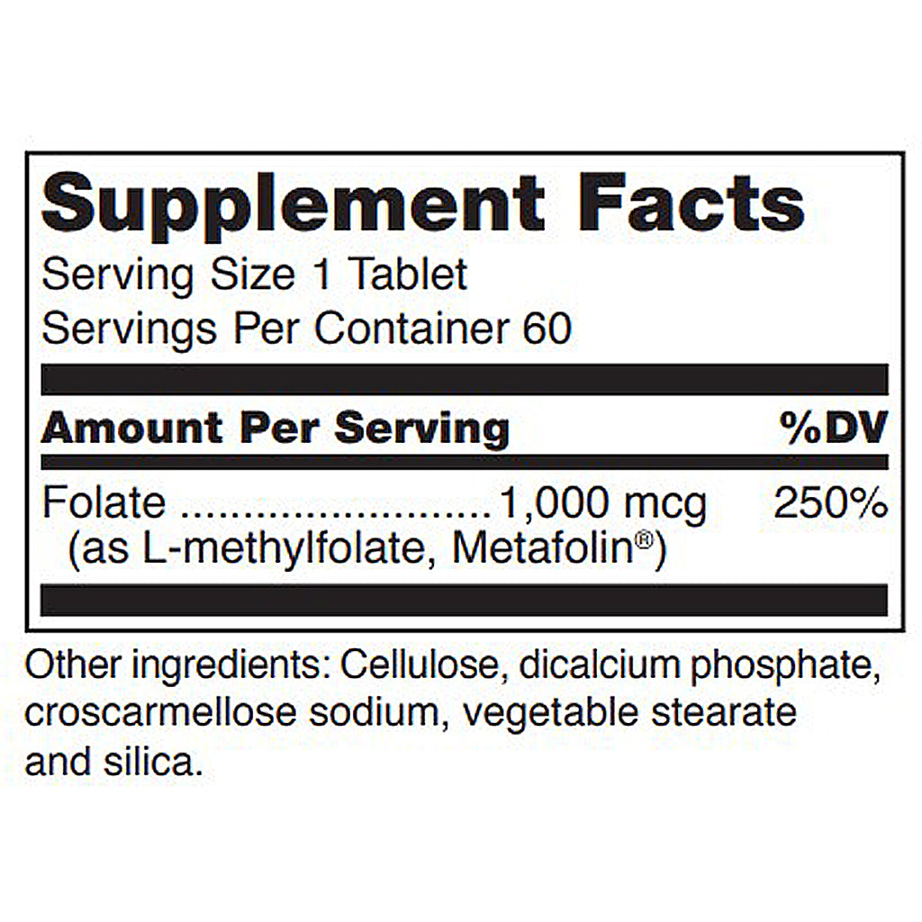 Supplement facts label for a tablet with folate content on a white background