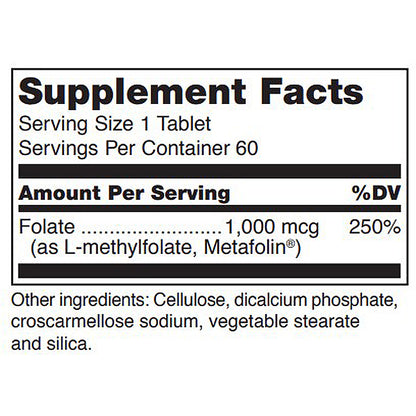 Supplement facts label for a tablet with folate content on a white background