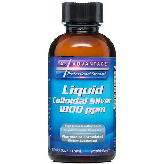 Bottle of Drs Advantage Liquid Colloidal Silver 1000 ppm on a white background