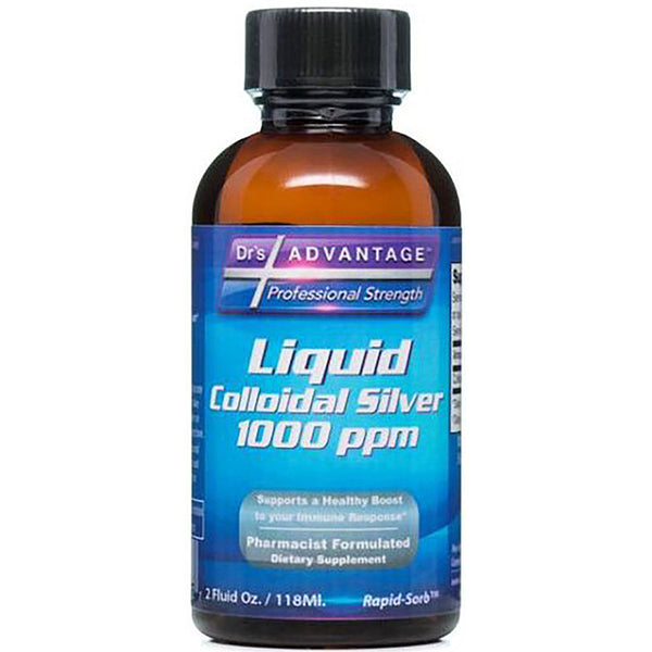 Bottle of Drs Advantage Liquid Colloidal Silver 1000 ppm on a white background