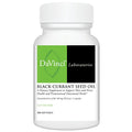 A white plastic bottle of DaVinci Laboratories Black Currant Seed Oil with a white cap and a green and black label, shown on a plain white background.