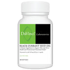 A white plastic bottle of DaVinci Laboratories Black Currant Seed Oil with a white cap and a green and black label, shown on a plain white background.