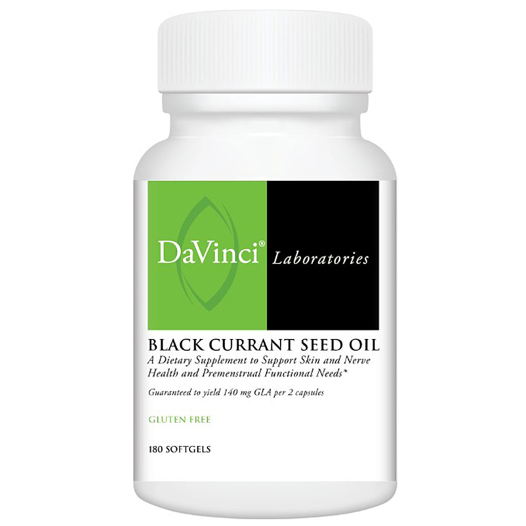 A white plastic bottle of DaVinci Laboratories Black Currant Seed Oil with a white cap and a green and black label, shown on a plain white background.