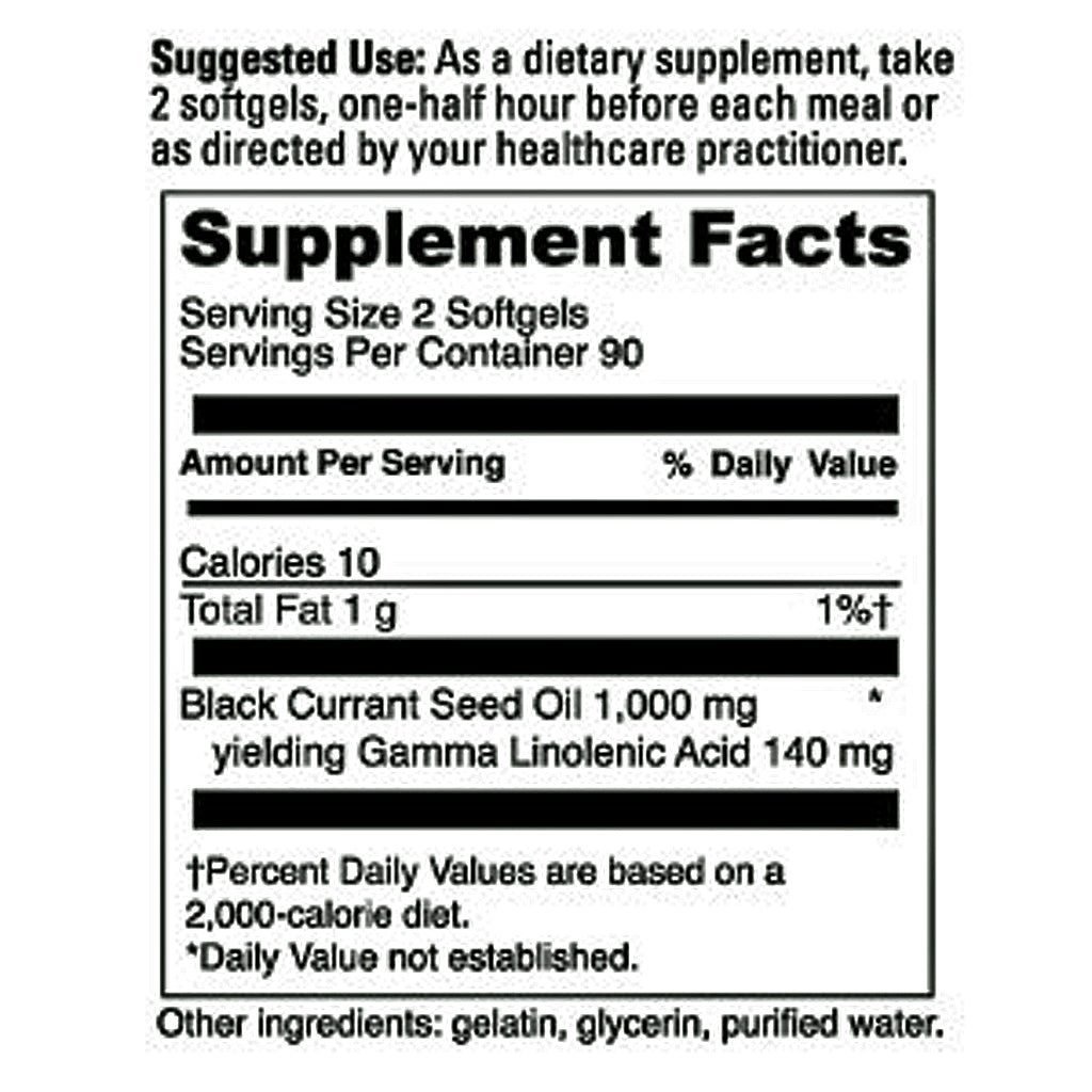 A black and white supplement facts label showing suggested use and supplement facts for a dietary supplement containing black currant seed oil.
